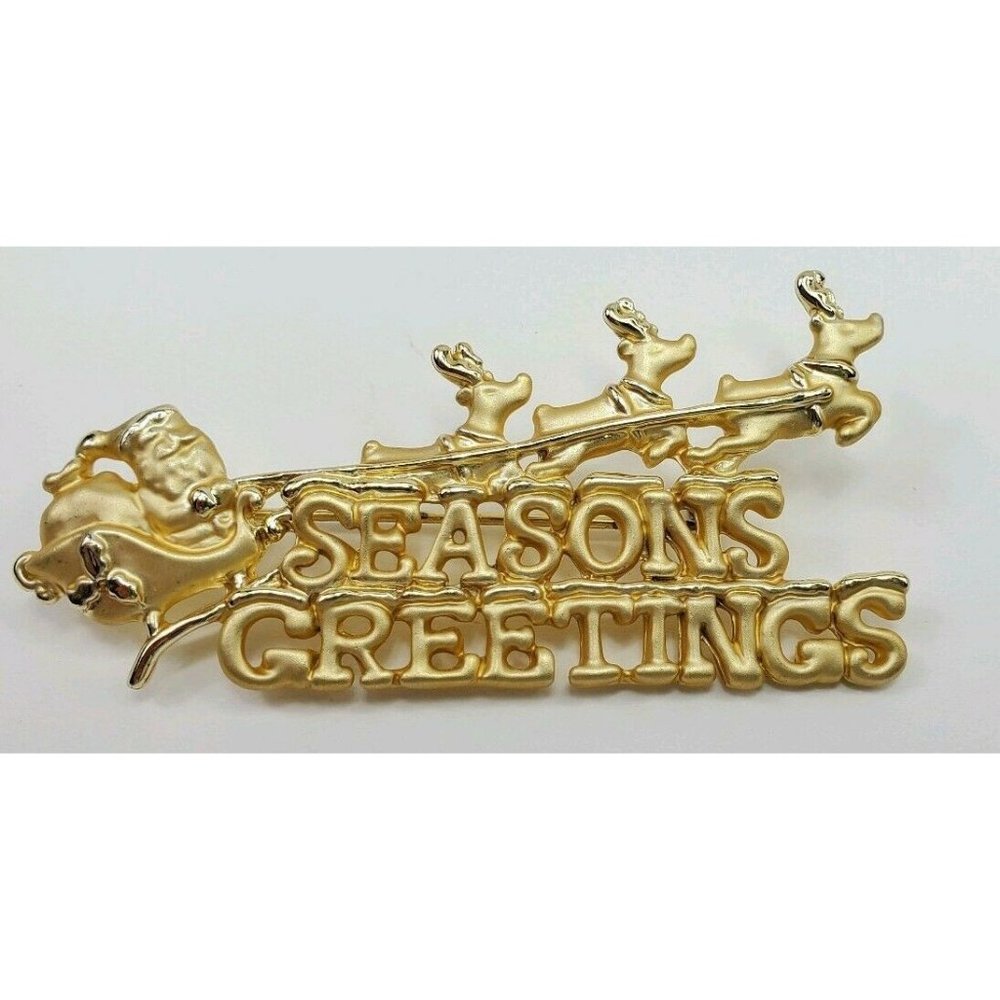 Vintage CAJC Christmas Santa Sleigh and Reindeers Gold Tone Brooch Pin